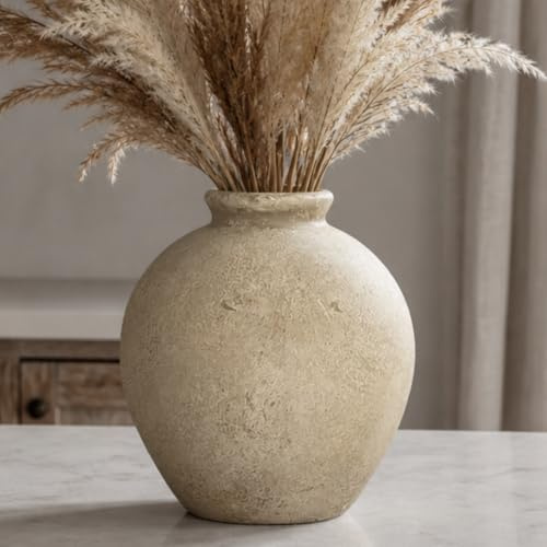 JIDOFUE Beige Keramik Kugelvase, Rund Vintage Dekovase für Tischdeko Wohnzimmer, Rustikale Blumenvase für Trockenblumen & Pampasgras, Einweihungsgeschenk