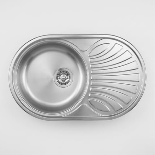 Siwi - Fregadero de cocina redondo empotrable de acero inoxidable con 1 bañera y escurridor, 77 x 48 cm, acabado satinado