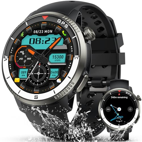 GPS Smartwatch Herren, 1,43 AMOLED Militär Fitness Tracker mit Bluetooth Anrufen, Fitnessuhr mit Herzfrequenz/Schlafmonitor/Schrittzähler, Sportuhr 5ATM Wasserdicht, 170+ Sportmodes für iOS Android