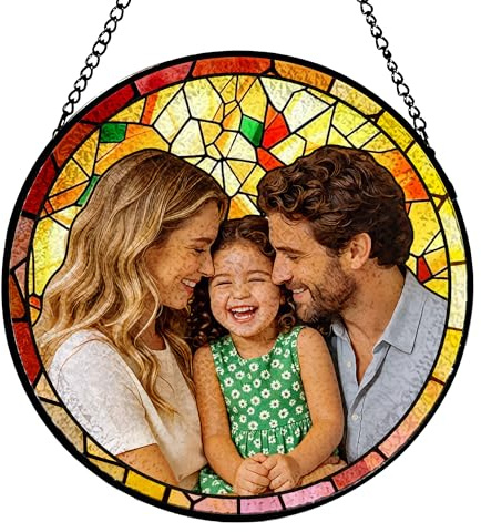 EDSG Personalised Family Stained Glass Sun Catcher, Fathers Day Photo Gifts from Daughter Son Wife, Photo Frame Gifts for Fathers Day Birthday Christmas Dad Daddy Grandpa (Design 2)