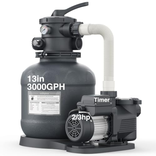 Vidapool Pompa filtrante a sabbia da 33 cm per piscina fuori terra con timer, 2/3 HP 3000 GPH pompe per piscina fuori terra per piscine fino a 13.000 galloni, filtro a sabbia per piscina con valvola a