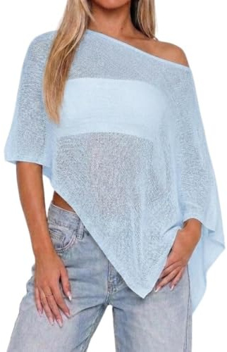 Transparent poncho-topp för damer, lätt stickad shrug, virkad nätöverdrag för sommarstranden, lös pullover-tunika, blå, L