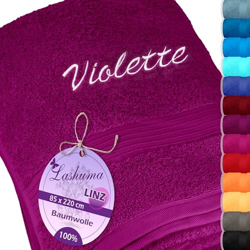 Lashuma Besticktes Saunatuch Lila - Orchidee mit Namen, Sauna Liegetuch 70x200, Serie: Linz