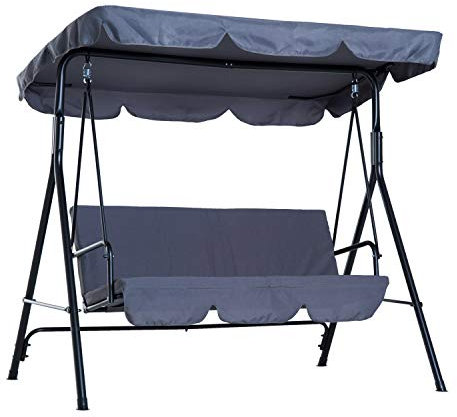 Outsunny 3 Seater Canopy Swing Chair Garden Rocking Bench Heavy Duty Patio Metal Seat w/Top Roof - Grey