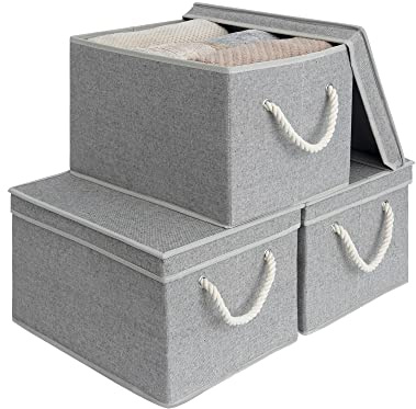 StorageWorks Storage Bins with Lids, Decorative Storage Boxes with Soft Rope Handles, Foldable Stackable Storage Baskets for Closet, Shelves, 3-Pack, Gray, Jumbo