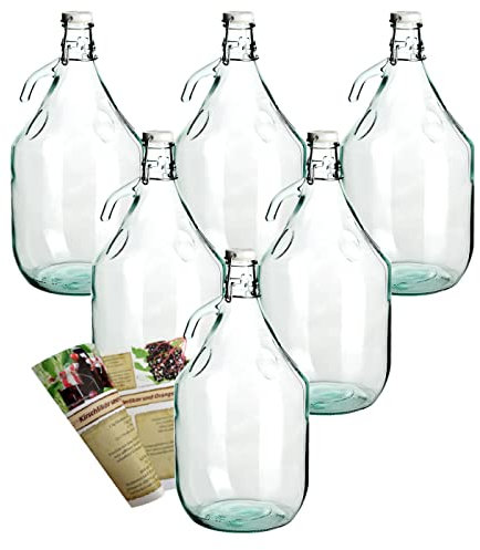 gouveo 1 Globo de Cristal vacío, Cierre de Clip, 5 litros, para Rellenar, 5000 ml, Incluye Folleto de Recetas (Idioma español no garantizado), 5.000 Ml, 6 Glasballons