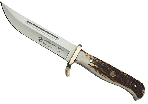 Puma SGB – Trail Guide - Jagd & Outdoormesser - Griffschalen aus Brown Jigged Bone - 120mm Klinge aus deutschem Stahl (1.4116, 55-57 HRC) - Messingknebel - Inklusive Lederscheide (Art.Nr.: 6116382B)
