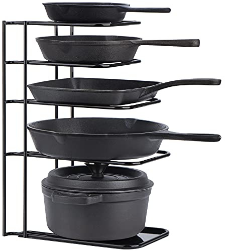Toplife Heavy Duty Pan Organizer, 5 Tier Pot and Pan Organizer Rack for Cast Iron Skillets, Griddles and Pots - Sturdy Steel Construction- No Assembly Required - Black