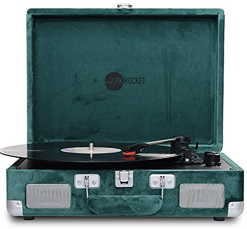 Arkrocket Curiosity Bluetooth Turntable Retro Suitcase 3-Speed Record Player with Built-in Speakers (Dark Green Velvet)