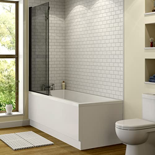 1500 x 700mm Straight Curved Bathtub Shower Bath Bathroom Suite with Frameless Square Black Bath Screen Glass Panel Overbath Screen & Front End Bath Panel
