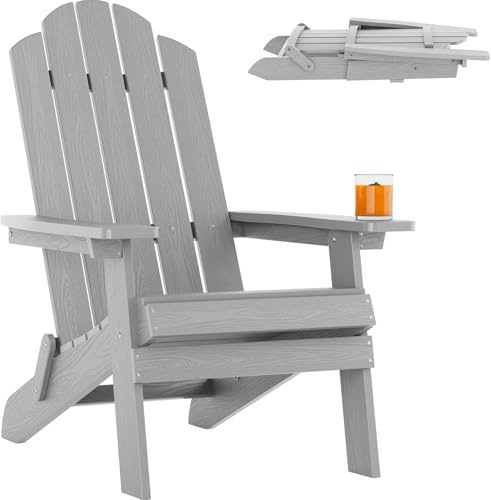 MXIMU Adirondack Stuhl für Outdoor Garten: Klappbar Adirondack Chair Kunststoff HIPS Allwetter - Langlebig & Robust Adirondack Gartensessel Wetterfest für Balkon/Feuerstelle/Terrasse(Grau)