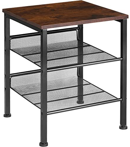 tectake® Beistelltisch Holz und Metall, Schlafzimmer Nachttisch mit 3 Ebenen, 2 Gitterablagen, Couchtisch, Wohnzimmertisch, Beistelltisch Couch - Industrial Holz dunkel, rustikal