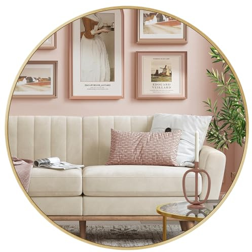 SONGMICS Miroir Rond, Miroir Mural, Diamètre 61 cm, Cadre en Métal, Facile à Installer, pour Salle de Bain, Salon, Chambre, Entrée, Couloir, Doré LWM102A01
