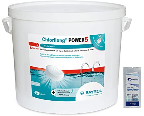 BAYROL CHLORILONG Power 5 Galet 250g - 10kg | Chlore Lent Stabilisé Multiaction - Désinfection Régulière Multifonction - Dissolution Lente + 10 Tests HPS OFFERTS 6 en 1