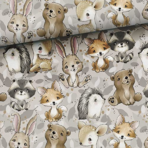 50x150cm Waldtiere Premium Baumwollstoff für Kinder - Kinderstoffe & Babystoffe aus 100% Baumwolle - Tiere Stoffe für Kinder & Baby zum Nähen - Fuchs Hase Reh Igel Bär - keine Meterware - Babyliebe