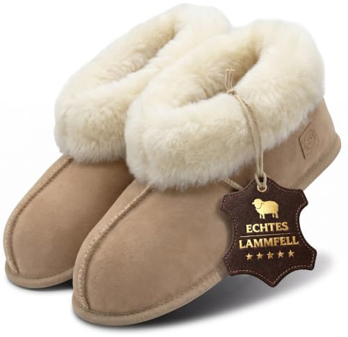 Rohn Moden Lammfell Hausschuhe für Damen und Herren – Chalet – Warme Hausschuhe mit Schaffell & weicher Ledersohle – Winter Pantoffeln für zuhause – Slipper gefüttert - Braun Grau