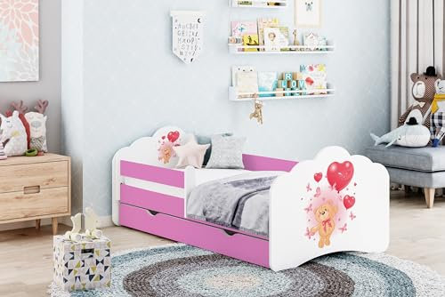 Happy Babies MOBI Kinderzimmer Bett 160 x 80 Kinderbett mit Rausfallschutz und Schublade Jugendbett mit Matratze 80x160 Rosa Weiß Bett für Mädchen (M09)
