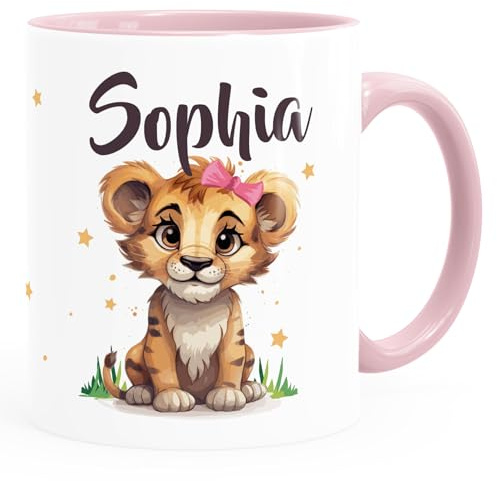 SpecialMe® Kinder-Tasse Motiv Baby Löwin Name personalisierte Namenstasse für Mädchen mit Tiermotiv Weiss-innen-rosa standard