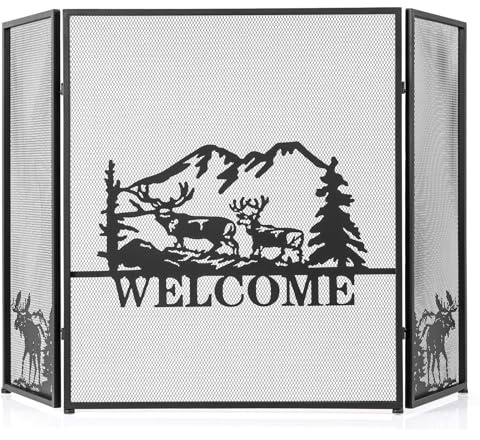 GOPLUS Funkenschutz Metall, 3-teiliger Funkenschutzgitter mit Muster, Kaminschutz klappbar, Kamingitter für Kamin, Heimdekoration, 132 x 79 cm, Schwarz (mit Elchmuster)