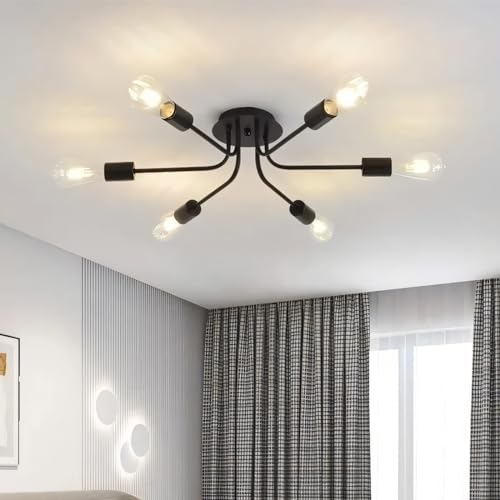 niuniaj Lampara Techo Industrial 6 Luces Lampara de Techo Plafon Sputnik E27 Lámpara de Araña Vintage,candeeiro teto para Dormitorio,Sala de Estar,Cocina,Comedor, Negro(Sin Bombilla)
