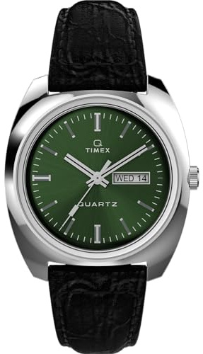 Timex Men's Q 37.5 mm Watch - Black Leather Two-Piece Quick Release Strap Green Dial Stainless Steel Case TW2W44700