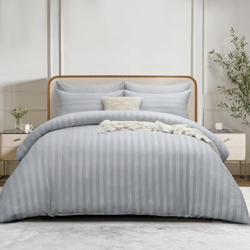 RUIKASI Striped Bedding King Size Duvet Cover Set- Hotel Kingsize Duvet Set with Zip, Soft Brushed Microfibre King Bed Set Quilt Cover with 2 Pillowcases