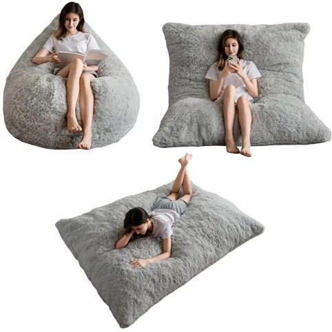 MAXYOYO Giant Bean Bag Bed - Square Bean Bag Chair - Large Sofa with long Faux Fur Cover and Fluffy Filling Included for Adult, Couples, Guest (Gray, Full)
