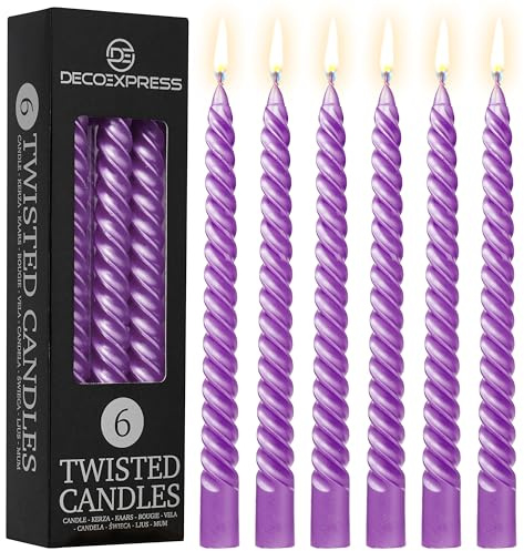 DECO EXPRESS Stabkerzen Set, 6er Packung, Tropffreie Gedrehte Bunte Kerzen, 6 Stunden Brenndauer Unparfümiert, Schlafzimmer Deko Geschenke für Valentinstag und Muttertag (Metallic-Lila, 6er-Pack)