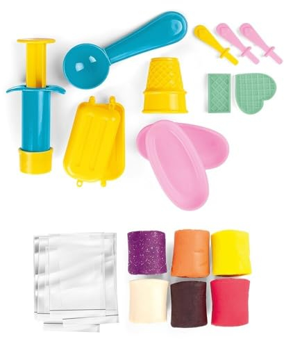 Modelliermasse-Set Eis – 6 Farben, 0,3 kg, 11 Zubehör, Spiele Knete für Kinder, Eismaschine, Plastilin, selbsthärtender Ton, 3 4 5 6 7 8 9 Jahre, Bio essbar, für Babys GenioKids Eiscreme