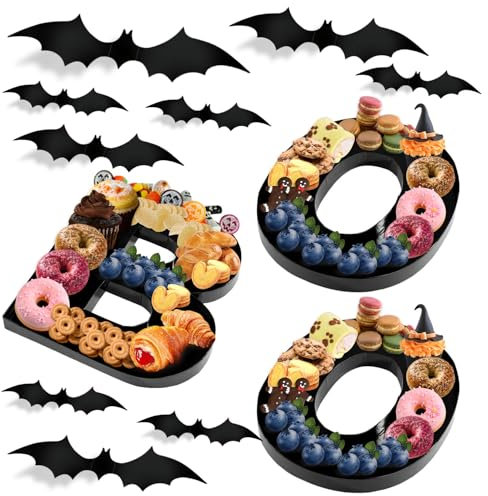 Halloween Charcuterie Board, Fillable Letter Paper Cardboard Halloween Boo Serving Trays with 28 Bat Decoration Cheese Platter Dinnerware Plate Candy Snack Dish Bowl for Food Party Decor (Black)