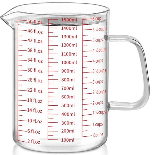 Luvan 1500 ml/6 Tazas/51 oz Taza Medidora de Vidrio, Fácil de Leer con 3 Escalas de Medición (Ml/Oz/Taza), Taza Medidora de Vidrio Borosilicato Resistente al Calor para Cocina