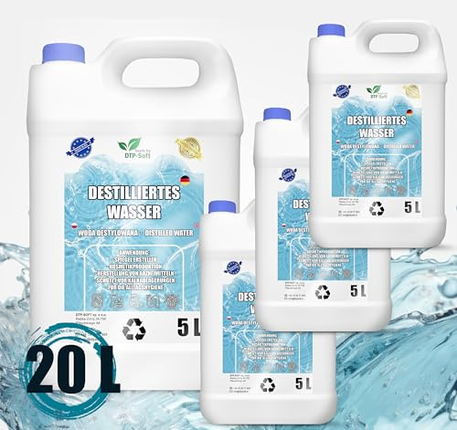 20 Liter destilliertes Wasser 100% reines | Demineralisiertes Wasser 4x5L - destilliertes Wasser geeignet für Bügeleisen, Luftbefeuchter, Batterien und vieles mehr