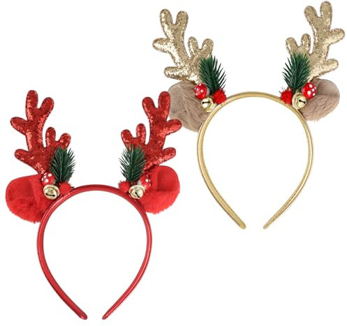 Bubuny Glitzer Weihnachten Haarreif, 2 Stk. Geweih Haarreif, Rentier Geweih Stirnband, Weihnachten Kopfschmuck Set, Haarreifen Weihnachten Rentier, Weihnachtshaarreif für Kinder Erwachsene