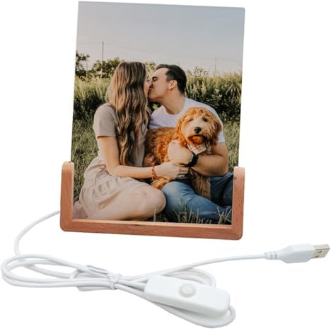 Personalised With Your Own Photo, Acrylic Photo Frame With LED Light And Wood Stand, Picture Frame, 3D Night Rechargeable LED Light Lamp. 6x4 in. (White, 4 x 6 Vertical)