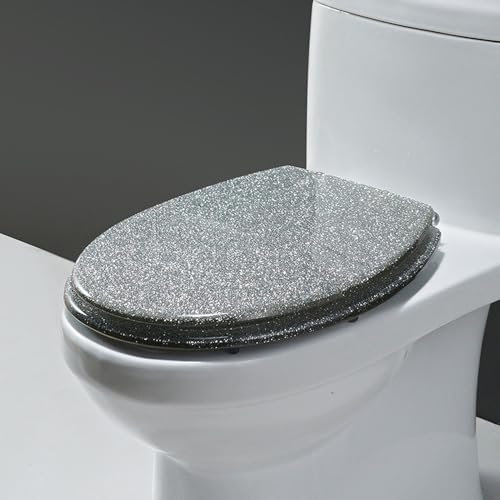 WC Sitz mit Absenkautomatik, Toilettendeckel aus Harz, Silberner Glitzer Toilettensitz mti Quick-Release Scharniere aus Edelstahl, Einfach zu Montieren und zu Reinigen, Oval, 42x36cm