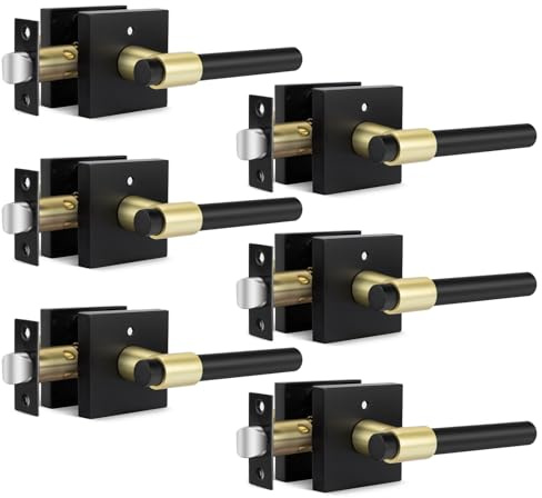 Goldenwarm 6 Pack Black and Gold Interior Door Handles, Heavy Duty Privacy Door Levers, Black and Gold Door Handles Interior for Bedroom and Bathroom(Square, Zinc Alloy)