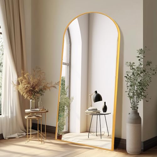 Aplancee Espejo de pie arqueado de 180 x 80 cm, espejo de cuerpo entero arqueado con marco de metal dorado para apoyarse o colgar en la pared, gran espejo de suelo para vestidor, salón y dormitorio