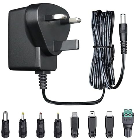 UKCA Certified 5V 1A 1000mA 5W Power Supply Adapter with 8 Tips (1.8M Cord), 5V 0.5A 0.8A Transformer, AC DC Switching Adapter for Radio, LED Light, Turntable, Baby Monitor, Router, and More