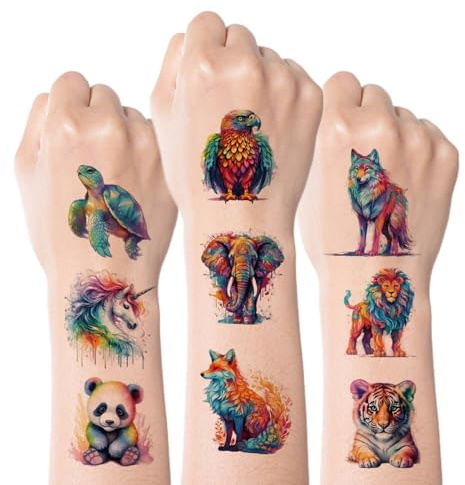 Kotkiddy Wasserfarben Tiere Temporäre Tattoos für Kinder - 60 Stile Temporär für Mädchen Junge Körper Arm Schulter Tattoos Aufkleber, Geburtstags Party Dekorationsartikel