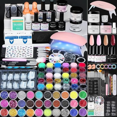 Morovan Kit d'ongles en acrylique pour débutants : kit d'ongles en acrylique 42 en 1 avec poudre acrylique, poudre pailletée, paillettes pour kit d'ongles en gel et outil de nail art DIY