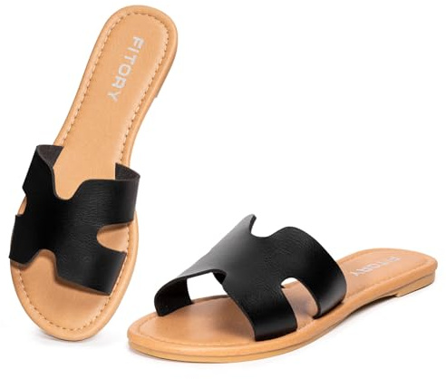 FITORY Women's Fashion Sandals Summer Casual Dressy Slip On Comfortable Leather Flat Slides On Indoor/Outdoor Classic Black Size 7