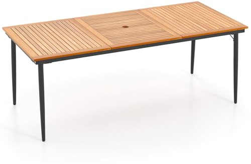 GIANTEX Table à Manger de Jardin avec Trou pour Parasol Ø 5 cm, Table d’Extérieur Rectangulaire en Bois d'Acacia pour 8 Personnes, Pieds Métalliques, pour Terrasse, Patio, 200 x 90 x 75 cm