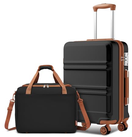 Kono 55cm Handgepäck-Koffer Trolley Set 2 Teilig Gepäcksets, Kleiner Koffer mit Rollen Handgepäck Set mit Ryanair Reisetasche 40x20x25cm, Schwarz/Braun