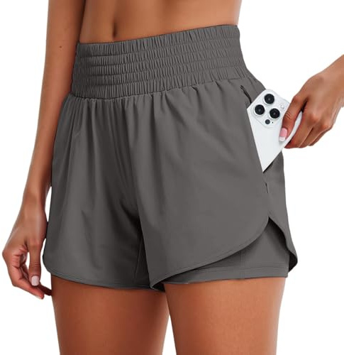 Short de Running Femme, Trail Jogging Poches Zippées Short Yoga Sport Vêtements Fitness 2 en 1 Tenue Séchage Rapide Taille Haute Course a Pied Bermuda avec Doublure, GY2, L