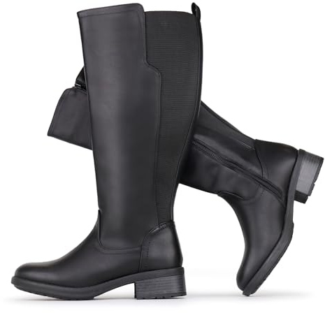 Chicblooms Damen-Stiefel mit weitem Schaft, kniehoch, Stretch, flach, niedriger Absatz, Schwarz Synthetik EU 40