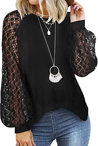 Tuopuda Camiseta Mujer de Manga Larga Elegantes Blusa de Encaje Informal Camisa de Cuello Redondo Casual Sueltas Tops