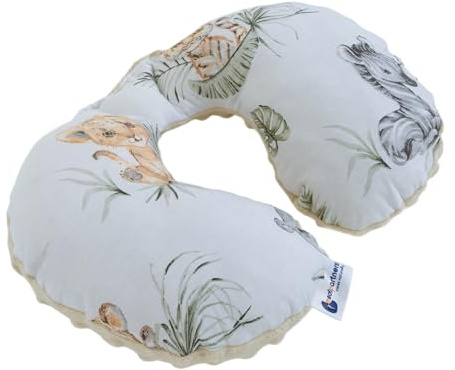Medi Partners Almohada Cervical Coche Bebe cojin cuello niños cojín viaje - 100% Algodón/Minky Avion Neck Travel Pillow Almohadilla Cervicales Nino (Safari con beige Minky)