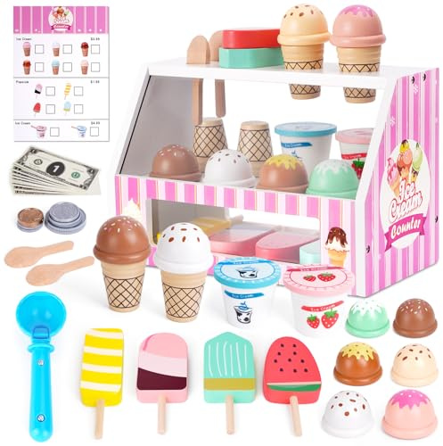 Ice Cream Toy, Wooden Pretend Play Toys Play Store for Kids, Wooden Ice Cream Play Set with Scoop, Menu, Fake Money, Ice Cream Toys Play Kitchen Food Gifts for 3 4 5 6 Year Old Toddlers Girls Boys