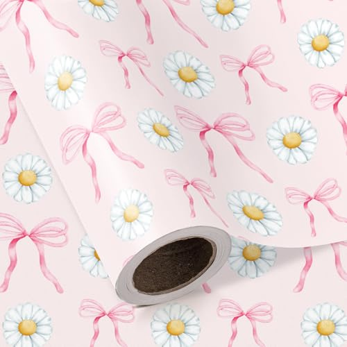 RUSPEPA Geschenkpapierrolle mit rosa Schleife - 43,2cm x 5m – Rosa Kokettes Schleifen-Geschenkpapier mit Gänseblümchenmotiv für Mädchengeburtstage, Valentinstag und Junggesellinnenabschiede