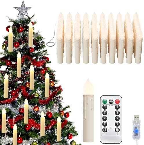 UISEBRT Set di 50 candele elettriche a LED per albero di Natale, candele elettriche con telecomando e porta USB, per Halloween, matrimoni, bianco avorio